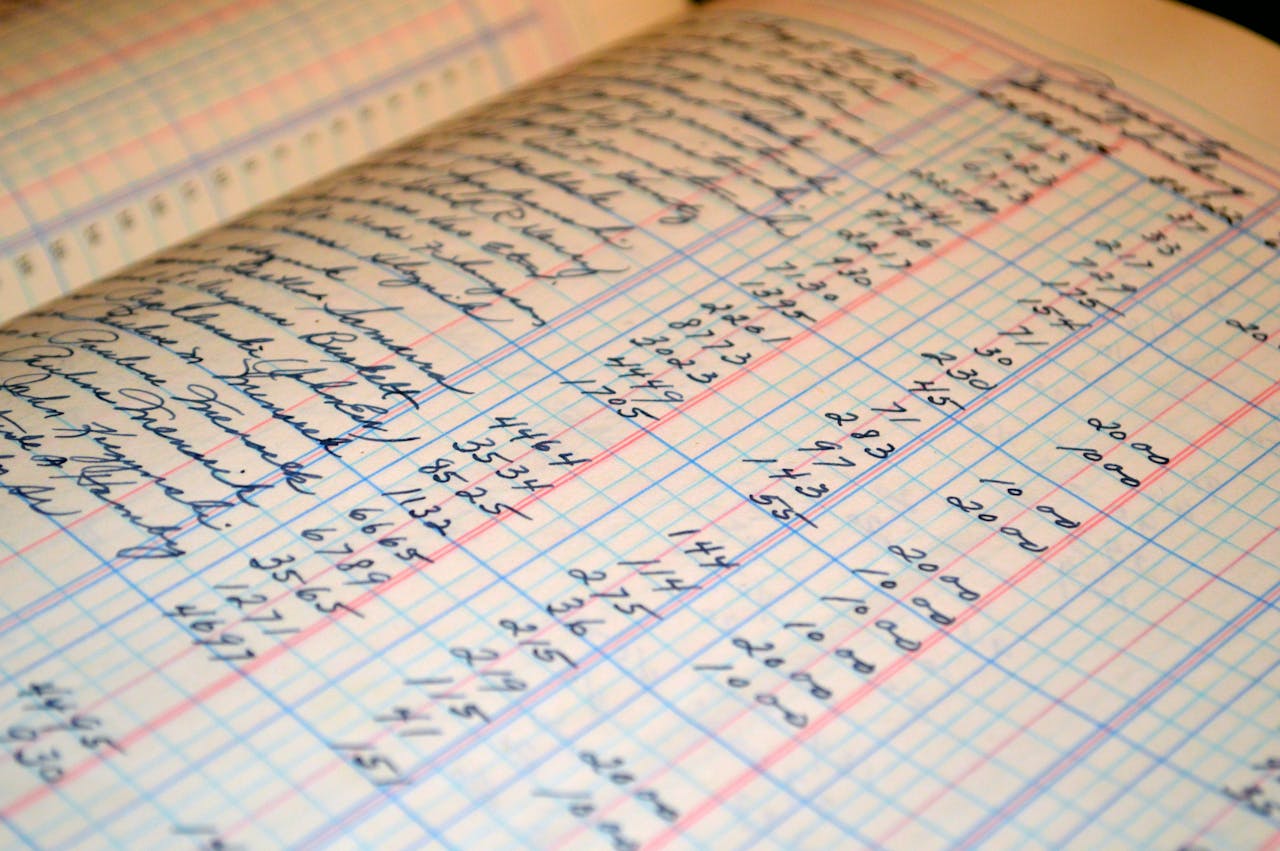 services-03 Close-up of a vintage handwritten ledger detailing financial records and accounts.