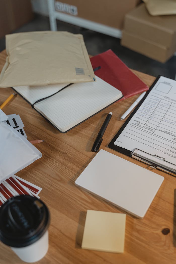 A well-organized desk with delivery packages, clipboard and coffee.